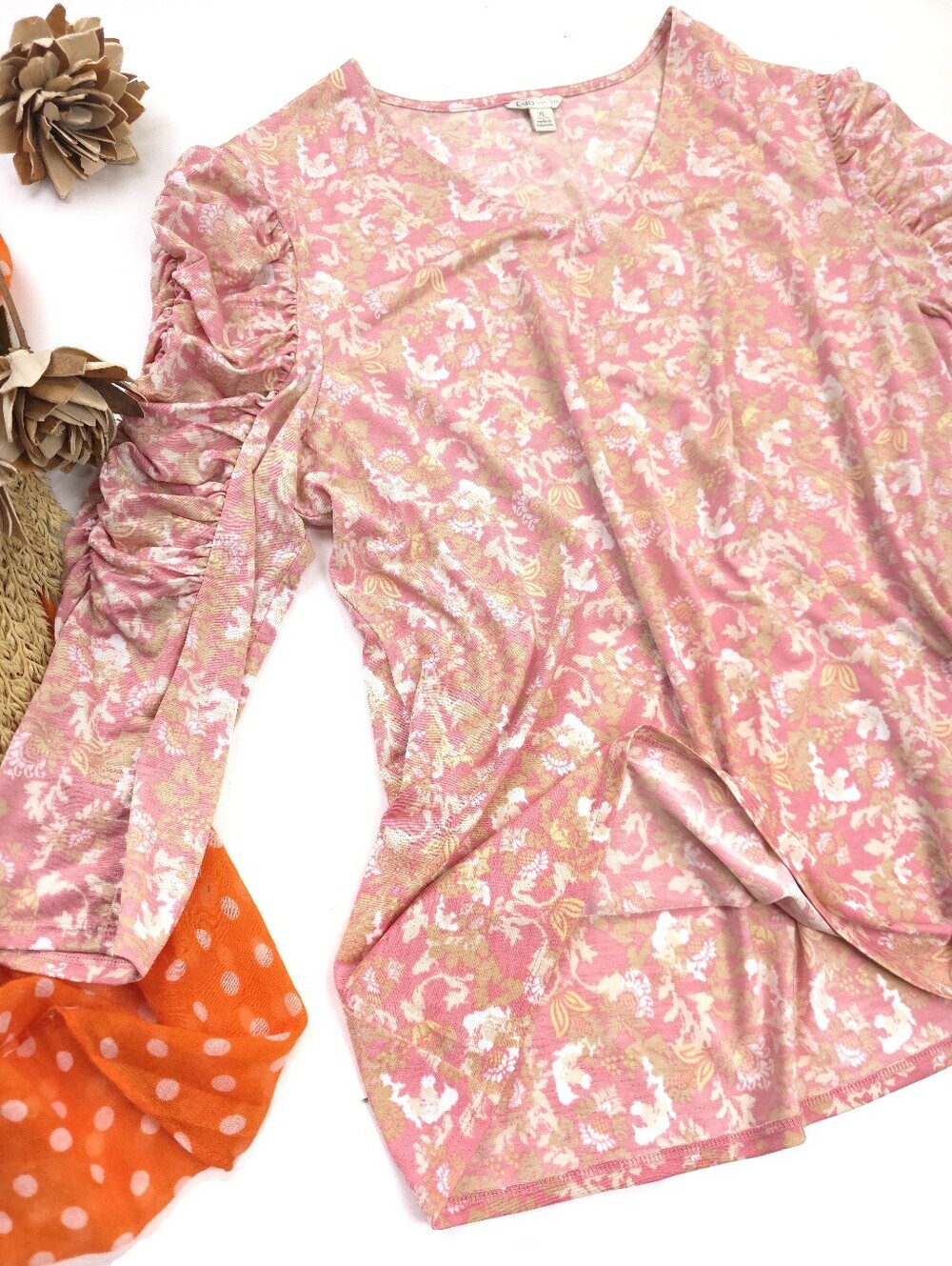 Cato Women’s Pink Floral Ruched-Sleeve Top Sz XL